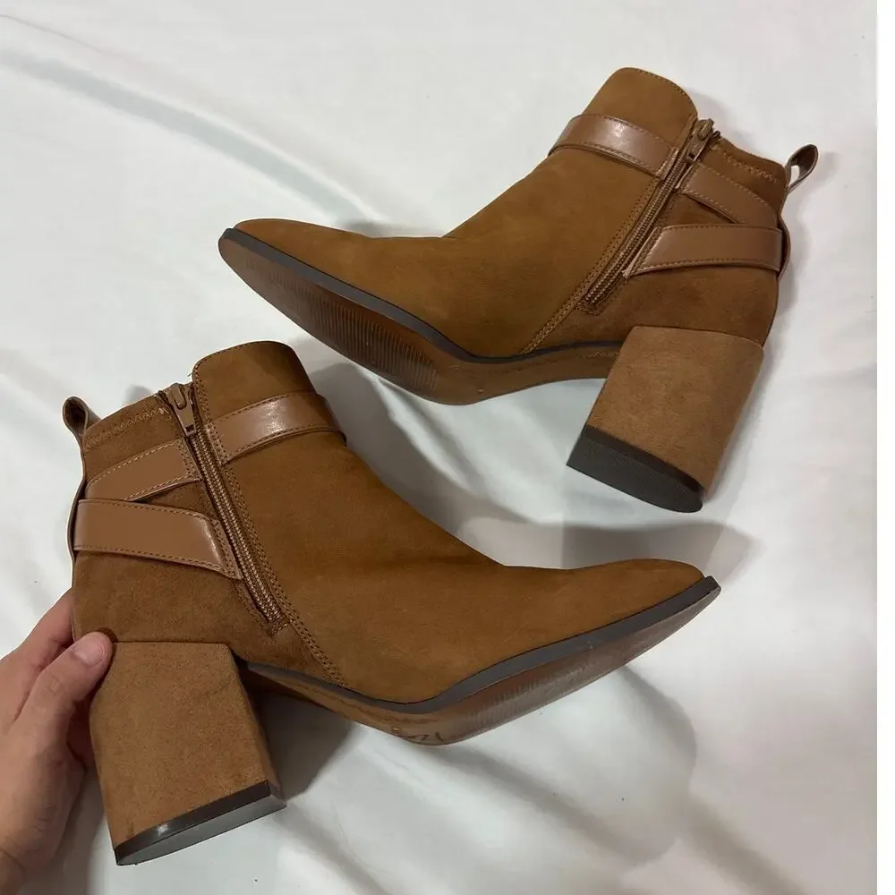 Vionic Womens 8 Tenley Boots Toffee Suede Square Toe Block Heels Party Cocktail